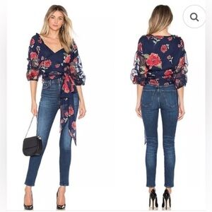 Lovers Friends Bowen Floral Wrap Navy Ruched Ruffle Top Size M Bloomcore Dainty